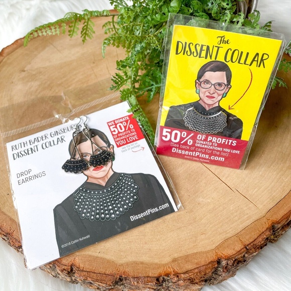 Ruth Bader Ginsburg 24K Gold Plate Dissent Collar Earrings Pin Supreme Court RBG - Picture 2 of 5